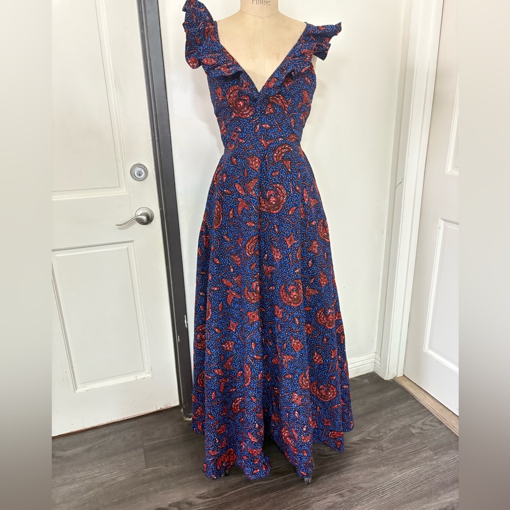 African Halter Blue Print Floral and Red Maxi Dress - Picture 3 of 9